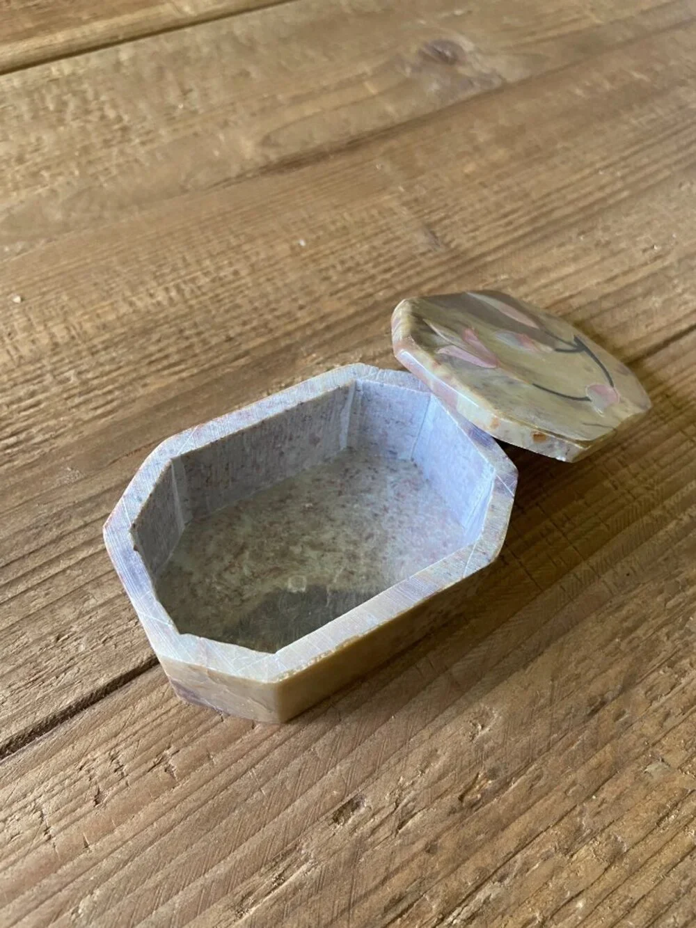 vintage stone trinket box, alabaster jewelry box, soapstone keepsake box, floral